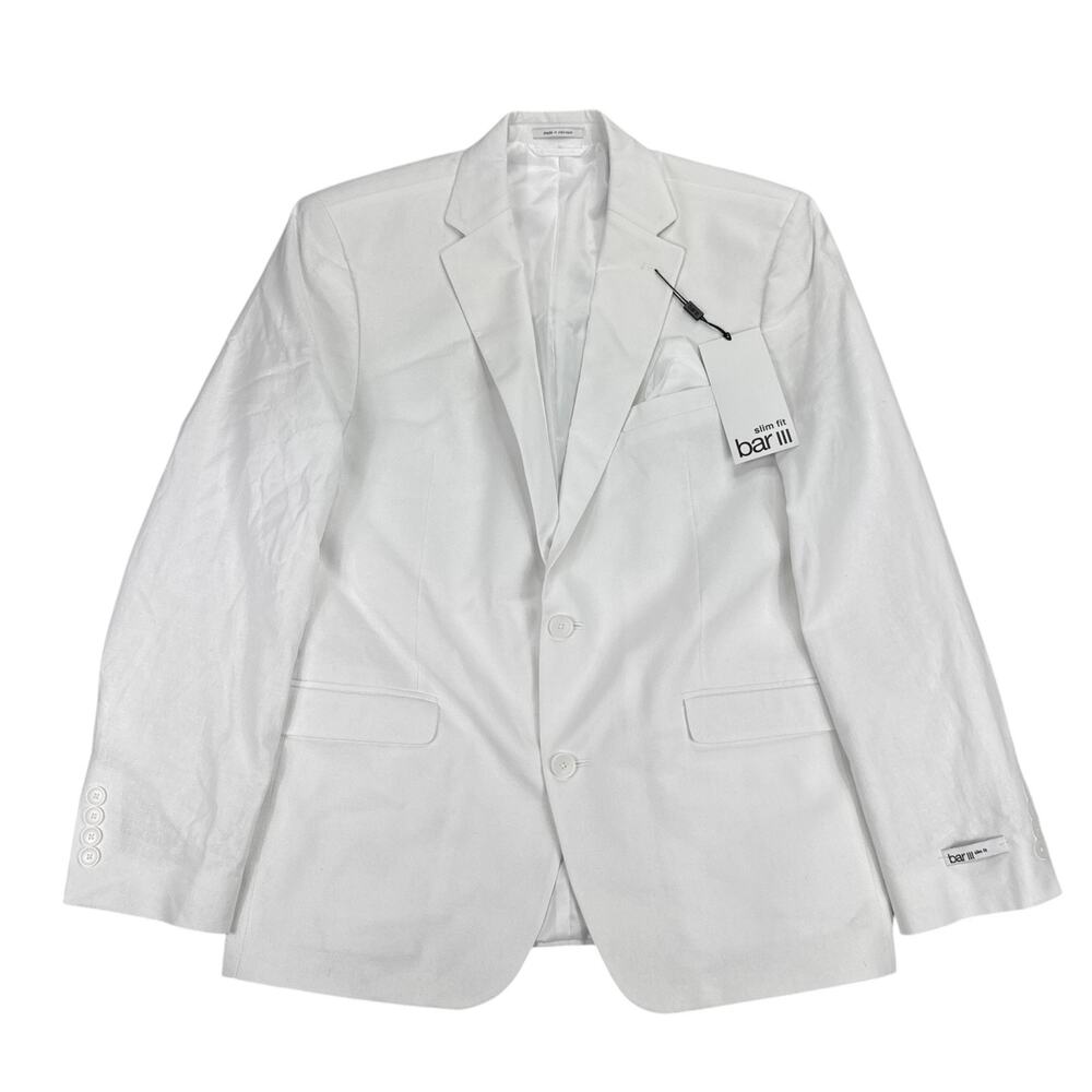 Bar III Mens Slim Fit Linen Cotton Solid Suit Jacket White 42R